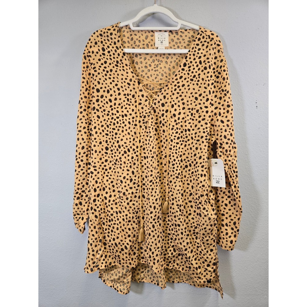 Billabong Animal Print Cheetah Lace Up Tassel Boho Tunic Top Large